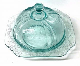 Vtg Aqua Teal Federal Pressed Glass Madrid Recollection Covered Butter Bowl