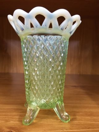 Vintage Fenton Glass Green Opalescent 5 " Vase Ruffled Top
