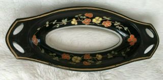 Vintage Glass Hand Painted Flower Gold Accent Oblong Serving Dish 2 Handle Black