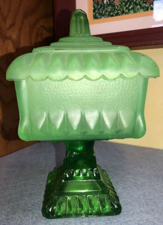 Vintage Jeanette Glass Square Pedestal Candy Dish Wedding Cake Box Satin & Green