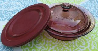 3 Pc.  Pyrex Cranberry Visionware Casserole Dish With Lid &plastic Lid 750ml V30b