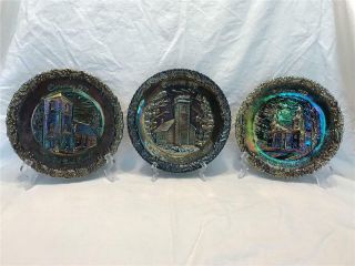 Set Of 3 Fenton Blue Carnival Glass Christmas Plates: 1970 / 1971 / 1972