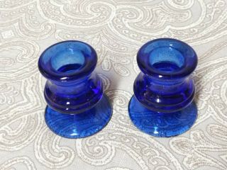 A Vintage Cobalt Blue Footed Glass Candlesticks / Holders