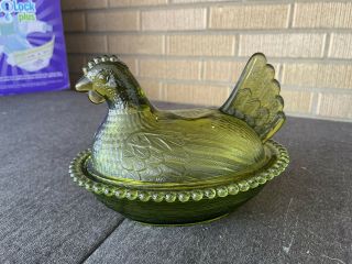 Vintage Indiana Glass Lime Green Carnival Chicken Hen On Nest