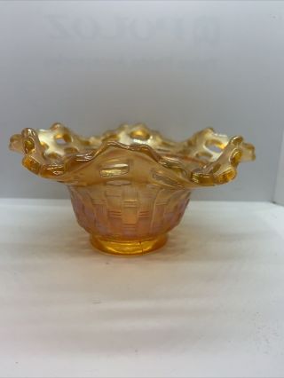 Carnival Glass Candy Dish Bowl Marigold Lustre Imperial Basket Weave Open Lace