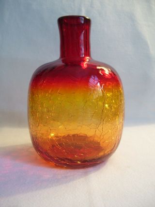 Vintage 5 3/4 " Blenko? Amberina Red/yellow/amber Crackle Art Glass Bottle/vase