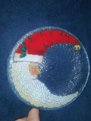 Peggy Karr Glass Christmas Crescent Moon Santa Plate 6in