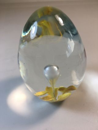 Vintage Art Glass Egg Shaped Paperweight W/ Clear & Yellow Flower 3” Tall