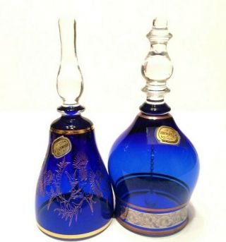 2 Vintage Bohemian Czech Art Glass Cobalt Blue And Gold Bells