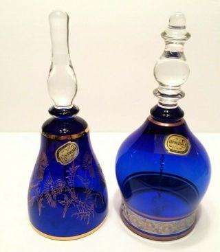 2 Vintage Bohemian Czech Art Glass Cobalt Blue And Gold Bells 2