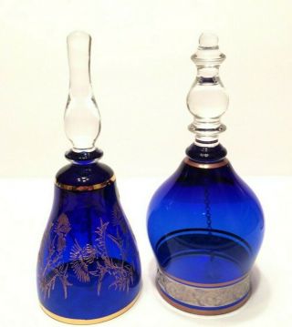 2 Vintage Bohemian Czech Art Glass Cobalt Blue And Gold Bells 3