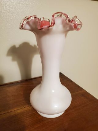 Vintage Fenton Milk Glass Silver Crested Pink Lined Vase 8 " Tall