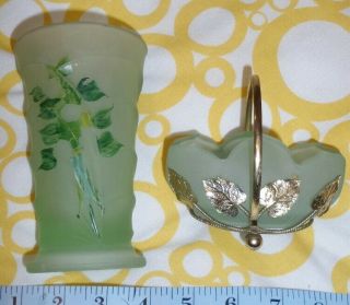 Vintage Bagley Green Frosted Glass Vase And Green Tulip Bowl With Metal Leaves.