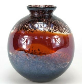 Vintage Contemporary Large 20 Cm Round Monart Style Glass Vase Red,  Umber & Gold
