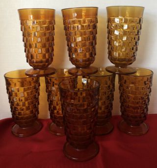 8 Vintage Amber Indiana Glass Whitehall Colony Footed Tea Goblets