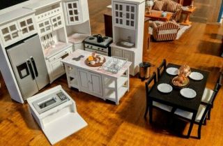 Dollhouse Miniature Corner Kitchen Wall Set Cupboards Sink Stove 1:12 Scale