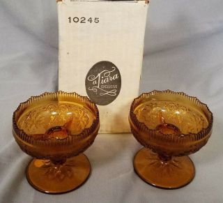 Vtg Tiara Exclusives Sandwich Pattern Amber Set Of 2 Candle Holders,  Circa 1970s