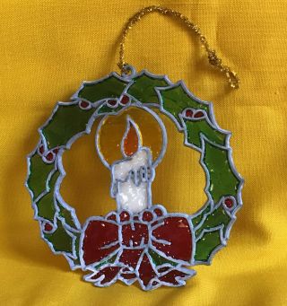 Vintage Leaded Stain Glass Sun Catchers Christmas Wreath W/ Bow And Candle