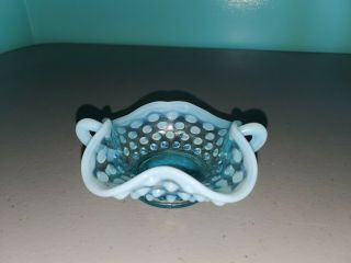 Fenton Art Glass Handled Bon Bon Candy Dish Opalescent Blue Hobnail Pattern