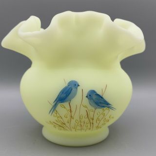 Fenton Satin Custard Uranium Glass - Ruffled Edge Bowl Vase - Hand Painted Signed