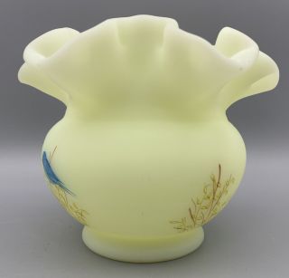 FENTON Satin Custard Uranium Glass - Ruffled Edge Bowl Vase - Hand Painted Signed 2