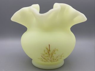 FENTON Satin Custard Uranium Glass - Ruffled Edge Bowl Vase - Hand Painted Signed 3