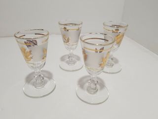 4 Retro Vintage Libbey Gold Leaf Frosted Cordial Small Drink Glasses Great 3.  5 T