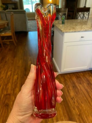 Mcm Ruby Red & Clear Art Glass Swirled Thick Hand Blown Vase 9 1/4 "
