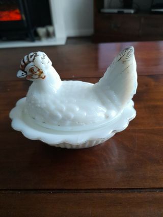 Rare Antique Milk Glass Hen On Nest (small)