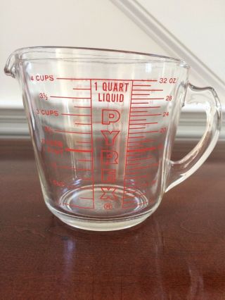 Vintage Pyrex D Handle 4 - Cup,  1 - Quart Red Lettering Glass Measuring Cup 532