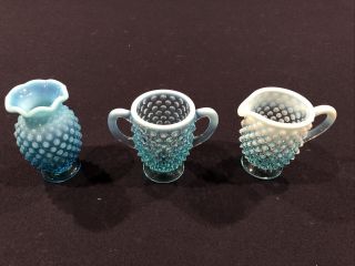 Vintage Fenton? Opalescent Blue Hobnail Glass Vase,  Sugar And Creamer