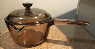 Vintage Pyrex Corning Ware Visions Amber 1 Liter Pot With Pour Spout And Lid