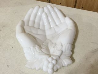 Vintage Milk Glass Open Hands With Grapes Trivet Dish Tray