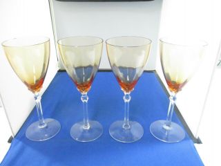 Fostoria Amber Optic Amber Bowl Clear Stem Set Of 4 Water Goblets 8 1/4 "