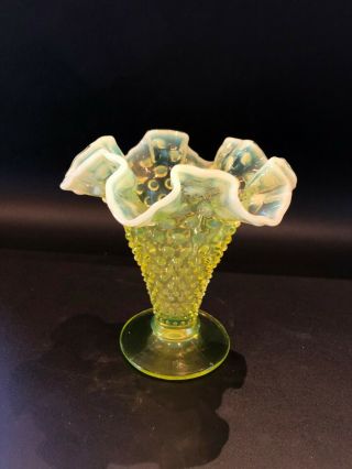 Vintage Fenton Yellow Topaz Opalescent Glass Hobnail Trumpet Vase 5 3/8 "