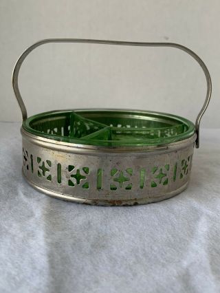 Vintage Green Depression Glass Divided Relish Tray With Metal Holder