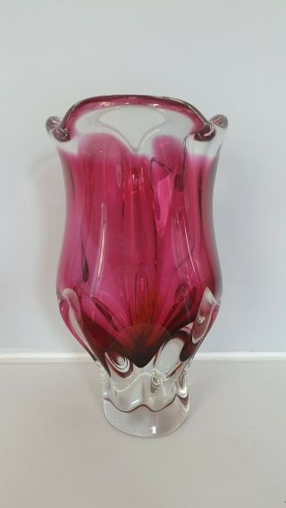 Vintage Czech Glass Vase By Josef Hospodka For Chribska - Cranberry,  Amber Clear