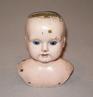 Old Antique Vtg Ca 1800s Brass Doll Head Marked Patent Glass Eyes Unusual