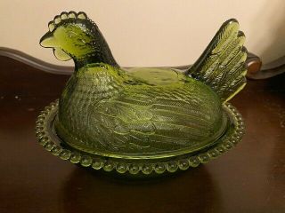 Vintage Green Indiana Glass Hen On Nest Covered Dish/container
