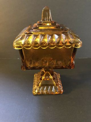 Vintage Amber Glass Square Pedestal Compote Candy Dish With Lid 6”h