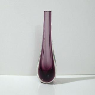 Vintage Heavy Cased Art Glass Teardrop Vase - Plum And Clear Height 19cm
