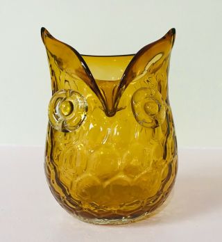 Hand Blown Amber Art Glass Owl Vase Honeycomb Texture 4.  5”