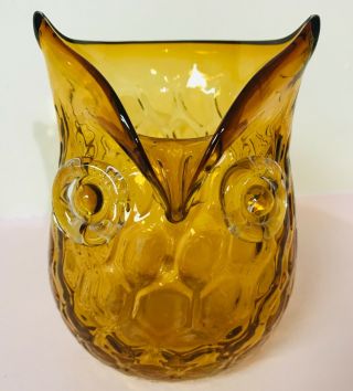 Hand Blown Amber Art Glass Owl Vase Honeycomb texture 4.  5” 2