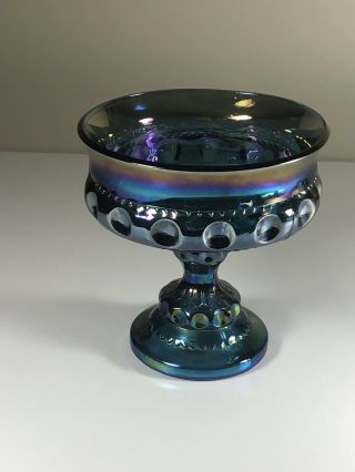 Vintage Carnival Glass Blue Iridescent Compote Kings Crown Wedding Bowl 5.  25” H