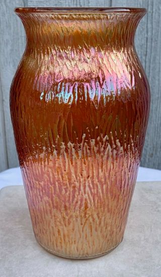 Vintage Jeanette Marigold Iridescent Carnival Glass Vase Tree Bark Pattern 7.  5 "