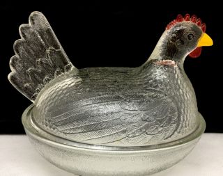Vintage Indiana Glass Clear Chicken Hen On Nest Covered Candy Dish Trinket Box