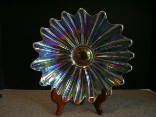 Vintage Federal Glass Celestial Iridescent 11 " Ribbed Bowl With Scalloped Edges