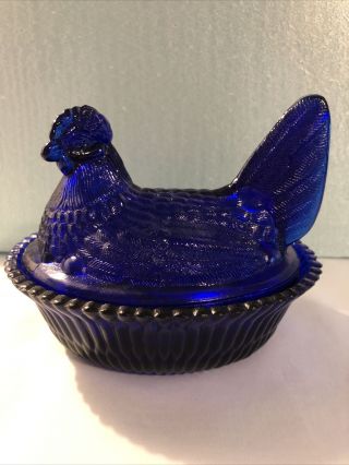 Westmoreland Cobalt Hen/chicken On Nest/basket.  Covered Dish/bowl/salt Celler