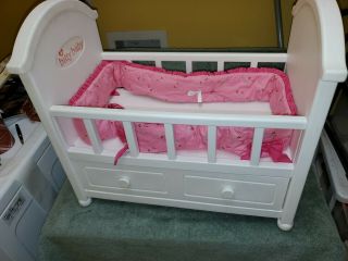 American Girl Bitty Baby Doll Crib With Drawer And Pink Bumper Bedding Not Incl