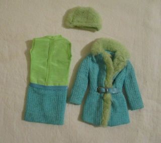 Vtg Julia Doll Barbie 1752 Brr Fur Mod Green Turquoise Blue Woven Dress Coat Hat